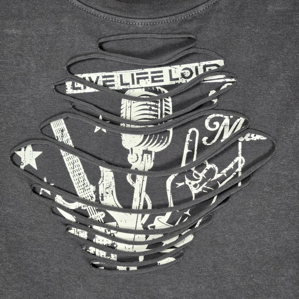 Vibe N' Cropped T-Shirt Juniors Medium Gray Live Life Loud Rock Tee Cutout - Picture 2 of 7
